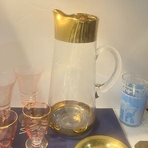 Vtg Glass Pitcher with gold rim and base